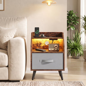 Nightstand with LED Lights & Power Outlets, Rustic Brown/White