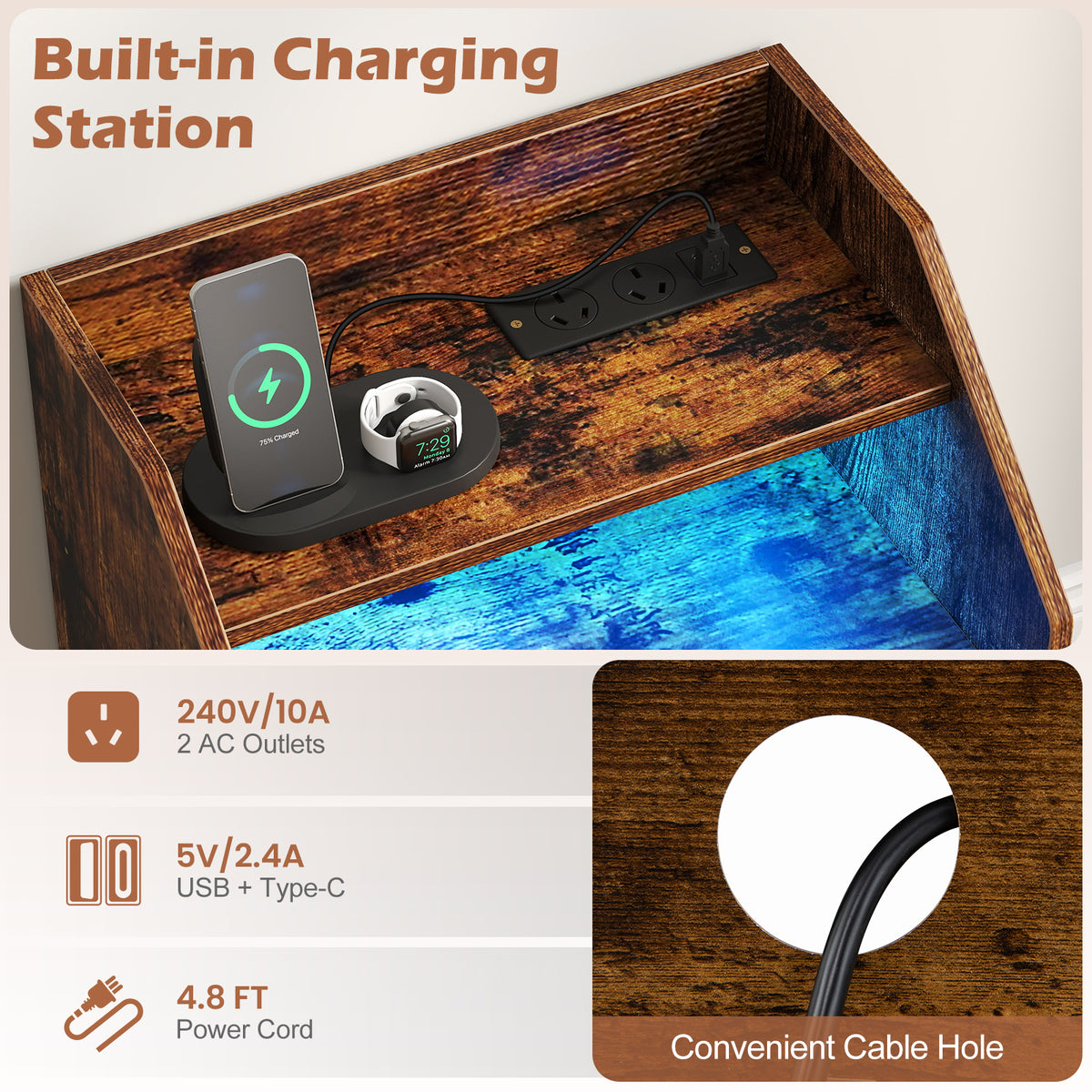 Nightstand with LED Lights & Power Outlets, Rustic Brown/White