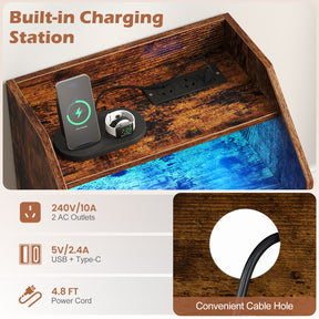Nightstand with LED Lights & Power Outlets, Rustic Brown/White