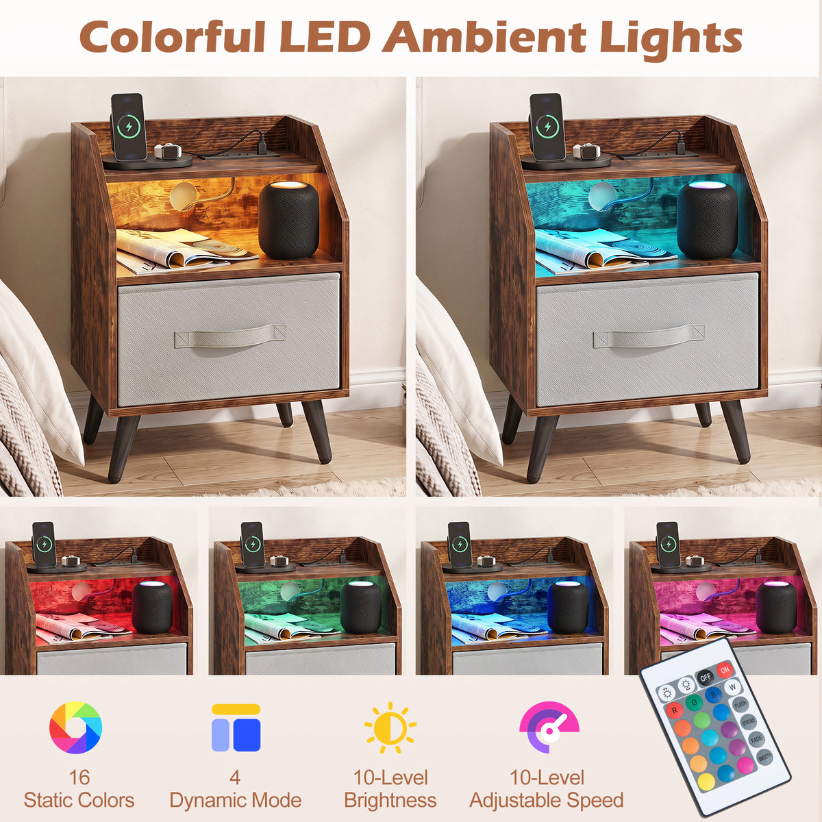 Nightstand with LED Lights & Power Outlets, Rustic Brown/White