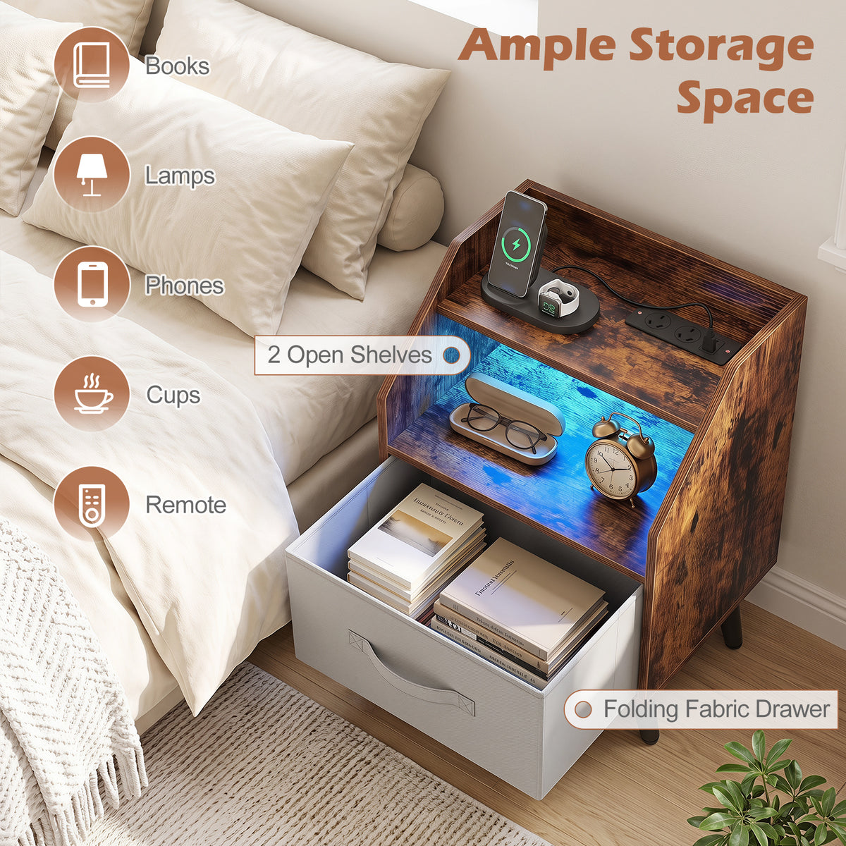 Nightstand with LED Lights & Power Outlets, Rustic Brown/White