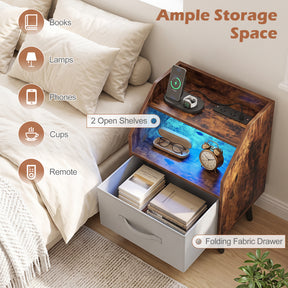 Nightstand with LED Lights & Power Outlets, Rustic Brown/White