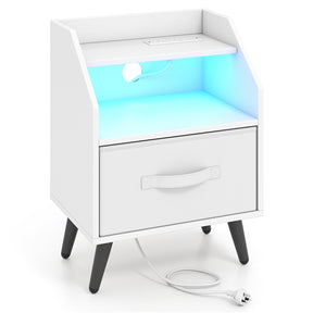 Nightstand with LED Lights & Power Outlets, Rustic Brown/White