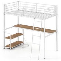 Loft Bed Single Size with Desk, 2-in-1 Metal Loft Bed Frame with Charging Station, Desk and 2 Shelves