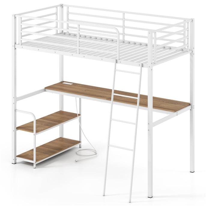 Loft Bed Single Size with Desk, 2-in-1 Metal Loft Bed Frame with Charging Station, Desk and 2 Shelves