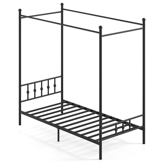 Canopy Bed Frame, Modern 4-Poster Platform Bed with Headboard & Under-bed Storage, Heavy-duty Mattress Foundation with Metal Slat Support, No Box Spring Needed, 190 x 92 cm, White/Black