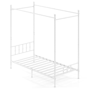 Canopy Bed Frame, Modern 4-Poster Platform Bed with Headboard & Under-bed Storage, Heavy-duty Mattress Foundation with Metal Slat Support, No Box Spring Needed, 190 x 92 cm, White/Black