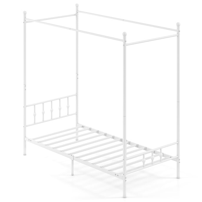 Canopy Bed Frame, Modern 4-Poster Platform Bed with Headboard & Under-bed Storage, Heavy-duty Mattress Foundation with Metal Slat Support, No Box Spring Needed, 190 x 92 cm, White/Black