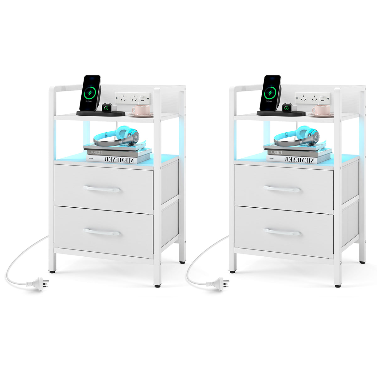 Nightstand with Charging Station, RGB LED Lights, 2 Fabric Drawers