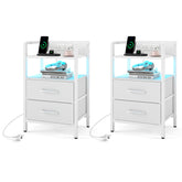 Nightstand with Charging Station, RGB LED Lights, 2 Fabric Drawers
