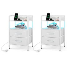 Nightstand with Charging Station, RGB LED Lights, 2 Fabric Drawers