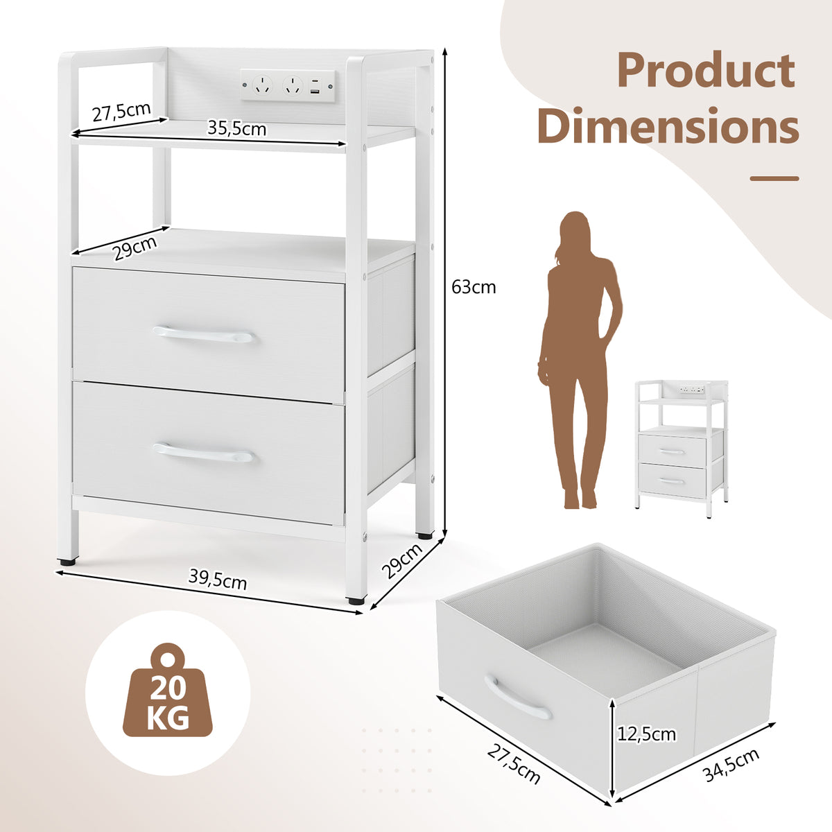Nightstand with Charging Station, RGB LED Lights, 2 Fabric Drawers