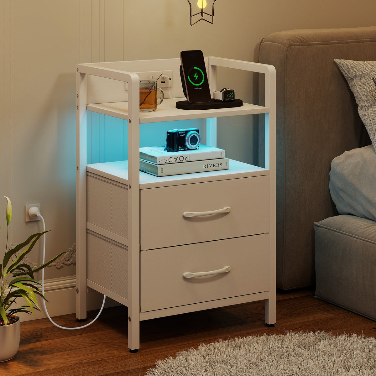 Nightstand with Charging Station, RGB LED Lights, 2 Fabric Drawers
