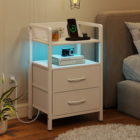 Nightstand with Charging Station, RGB LED Lights, 2 Fabric Drawers