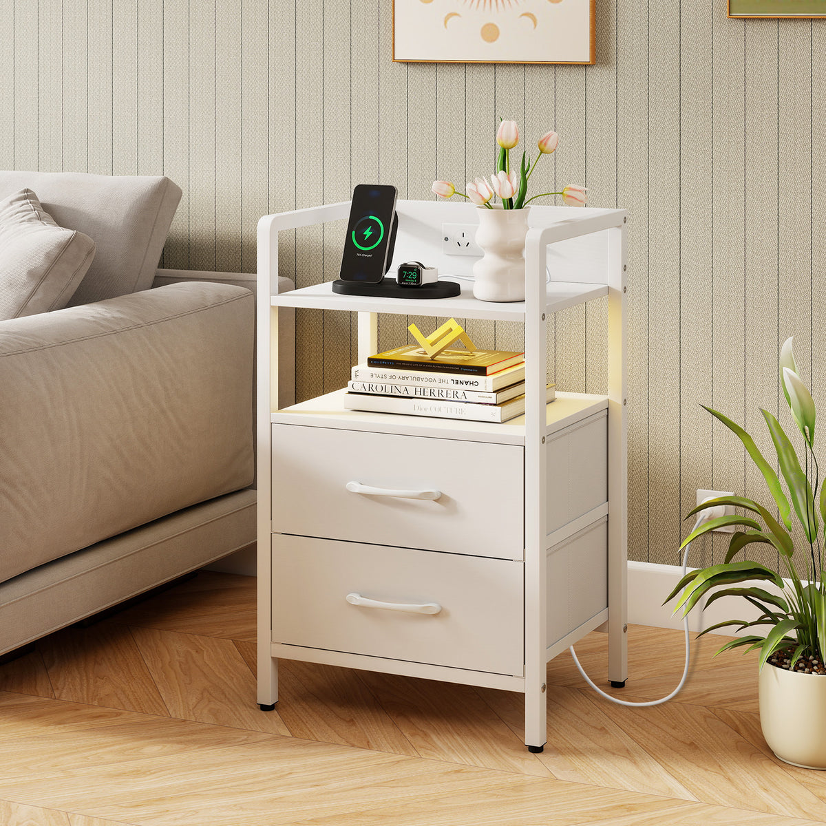 Nightstand with Charging Station, RGB LED Lights, 2 Fabric Drawers