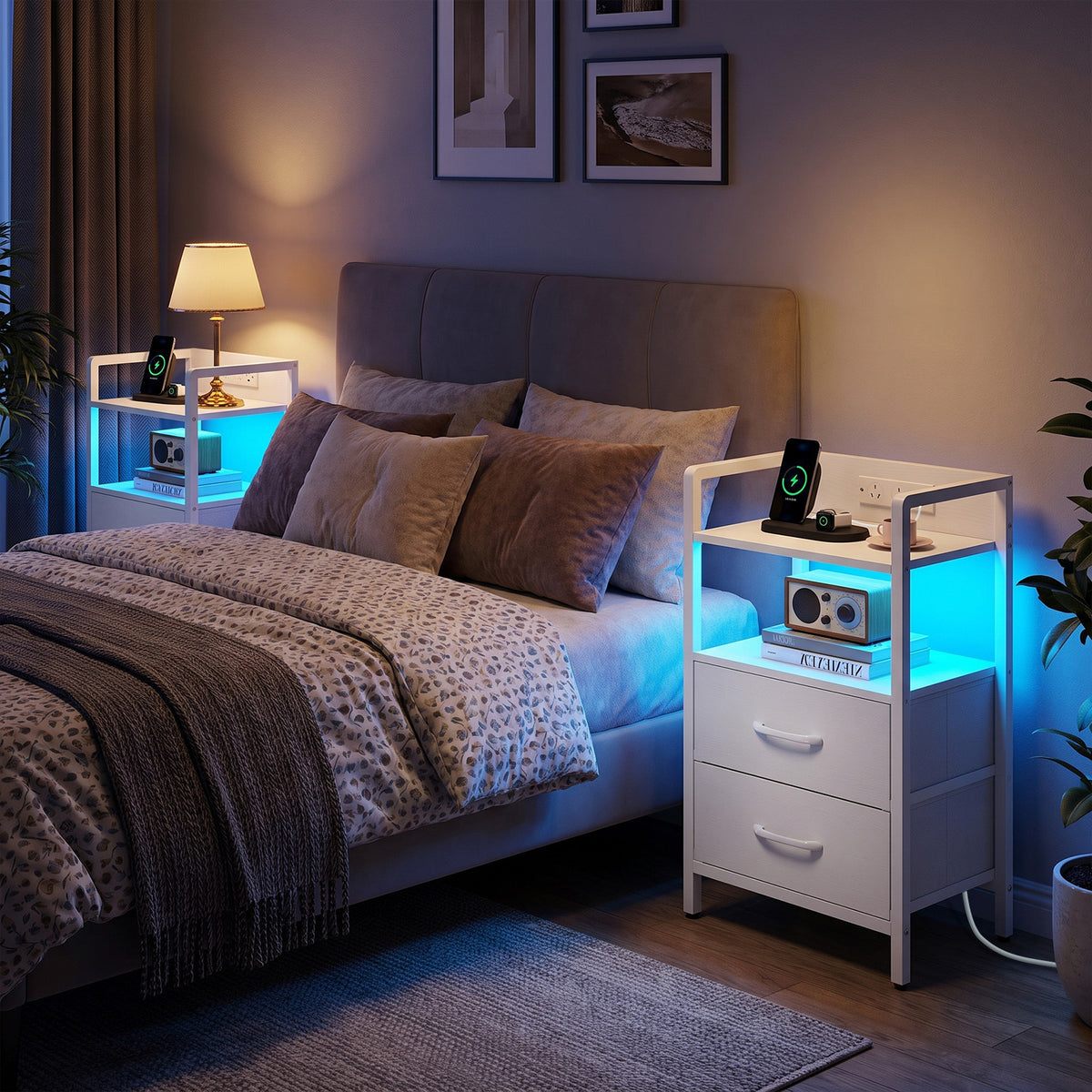 Nightstand with Charging Station, RGB LED Lights, 2 Fabric Drawers