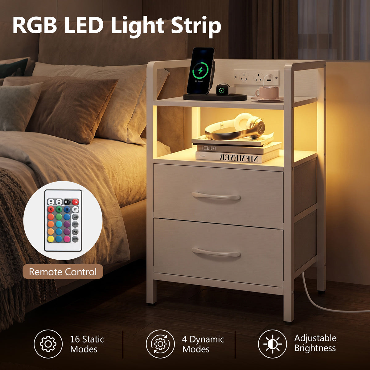 Nightstand with Charging Station, RGB LED Lights, 2 Fabric Drawers