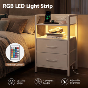 Nightstand with Charging Station, RGB LED Lights, 2 Fabric Drawers