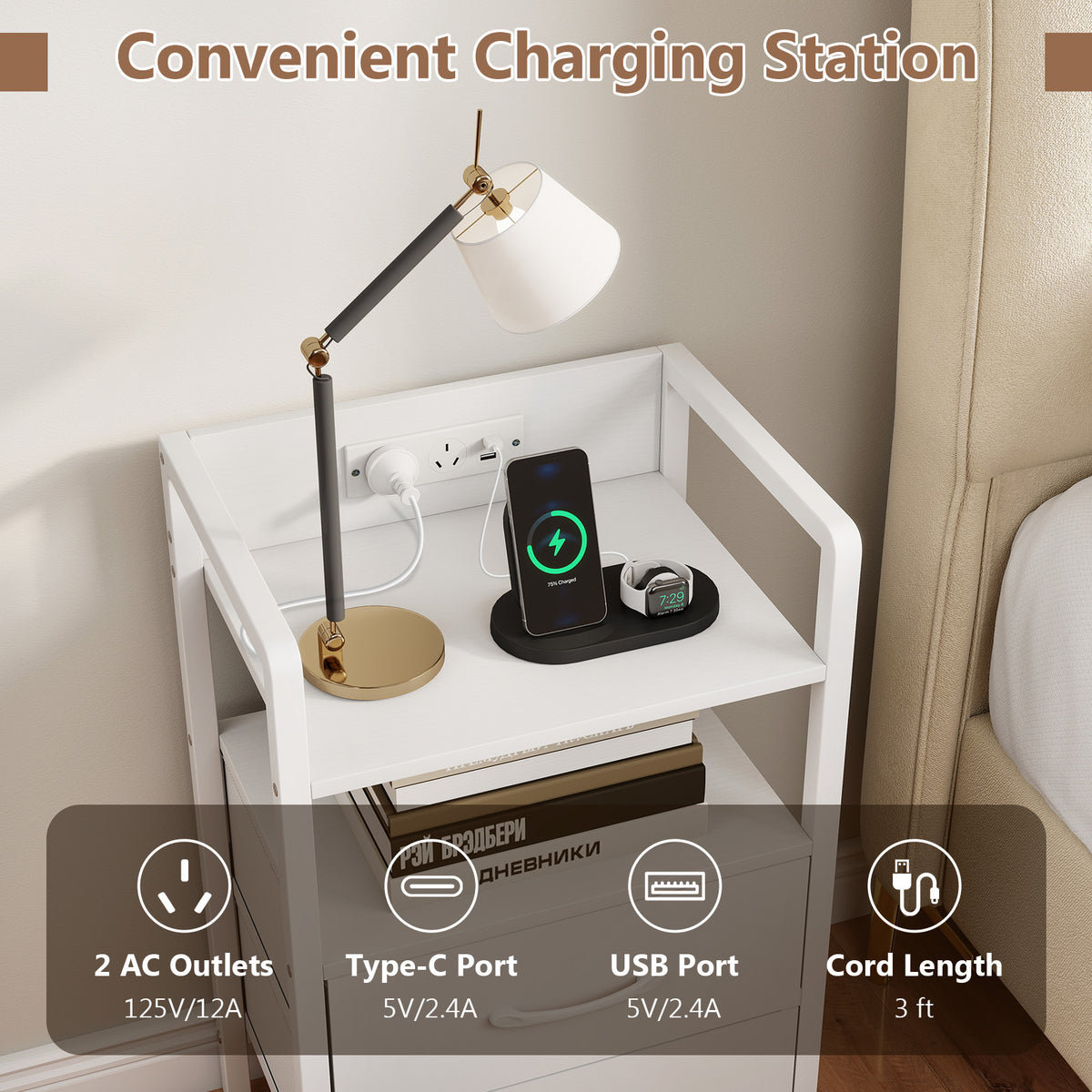 Nightstand with Charging Station, RGB LED Lights, 2 Fabric Drawers