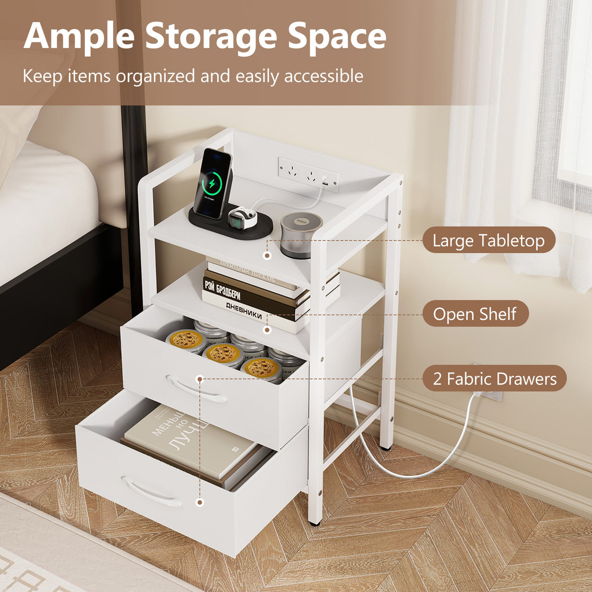 Nightstand with Charging Station, RGB LED Lights, 2 Fabric Drawers