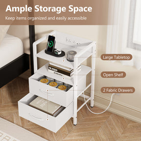 Nightstand with Charging Station, RGB LED Lights, 2 Fabric Drawers