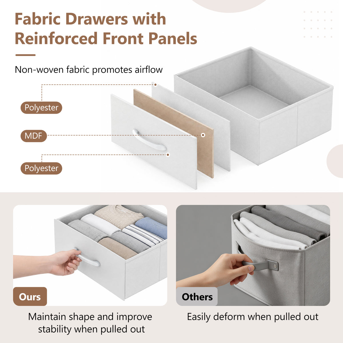 Nightstand with Charging Station, RGB LED Lights, 2 Fabric Drawers