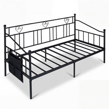 Single Daybed, Metal Sofa Day Bed w/ Storage Pocket, Black/White