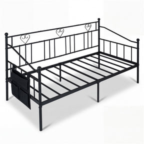 Single Daybed, Metal Sofa Day Bed w/ Storage Pocket, Black/White