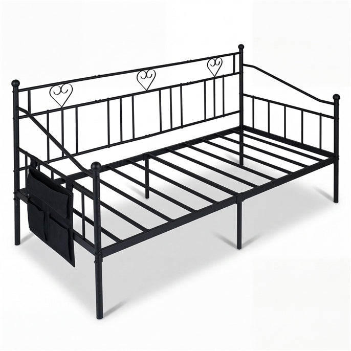 Single Daybed, Metal Sofa Day Bed w/ Storage Pocket, Black/White