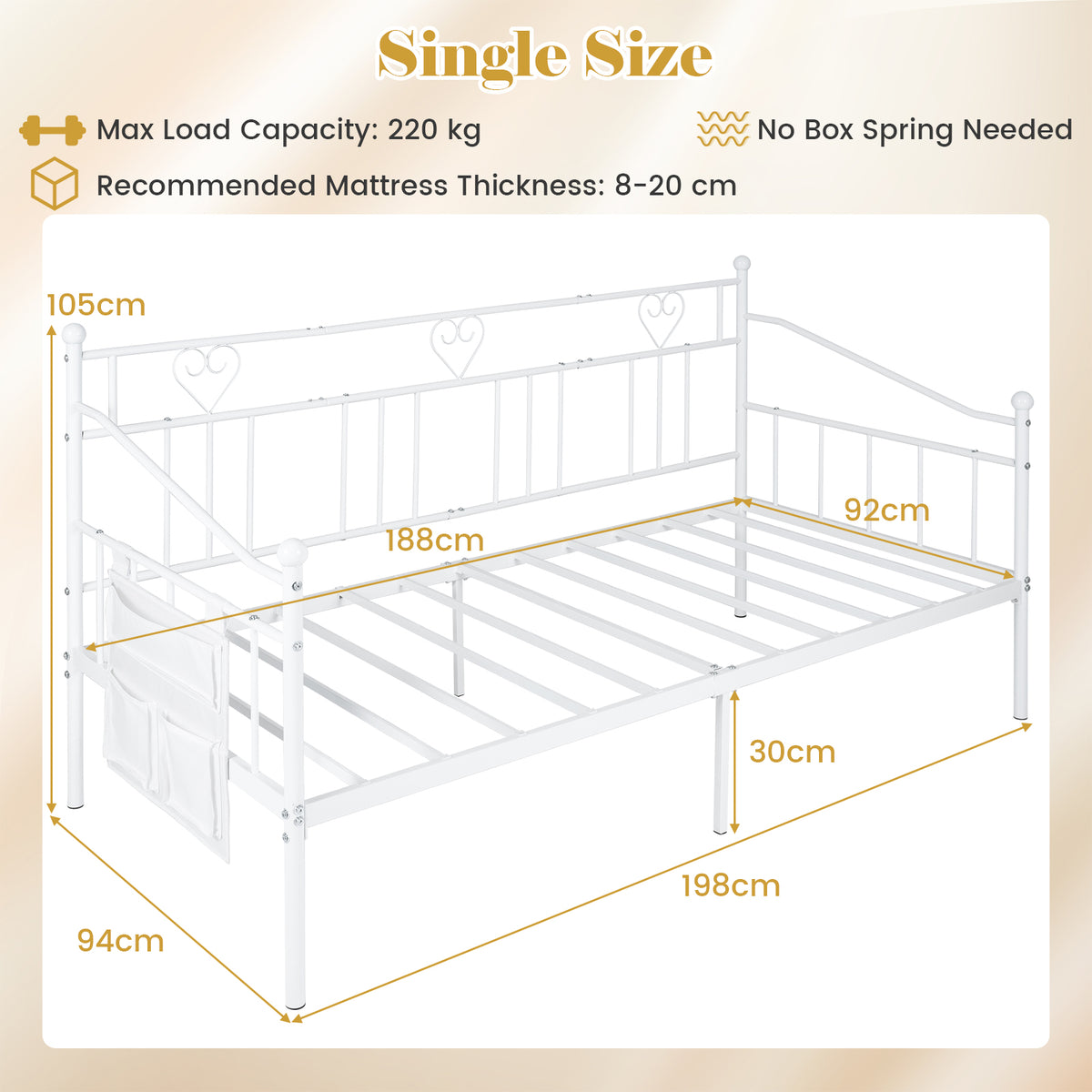 Single Daybed, Metal Sofa Day Bed w/ Storage Pocket, Black/White