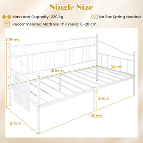 Single Daybed, Metal Sofa Day Bed w/ Storage Pocket, Black/White
