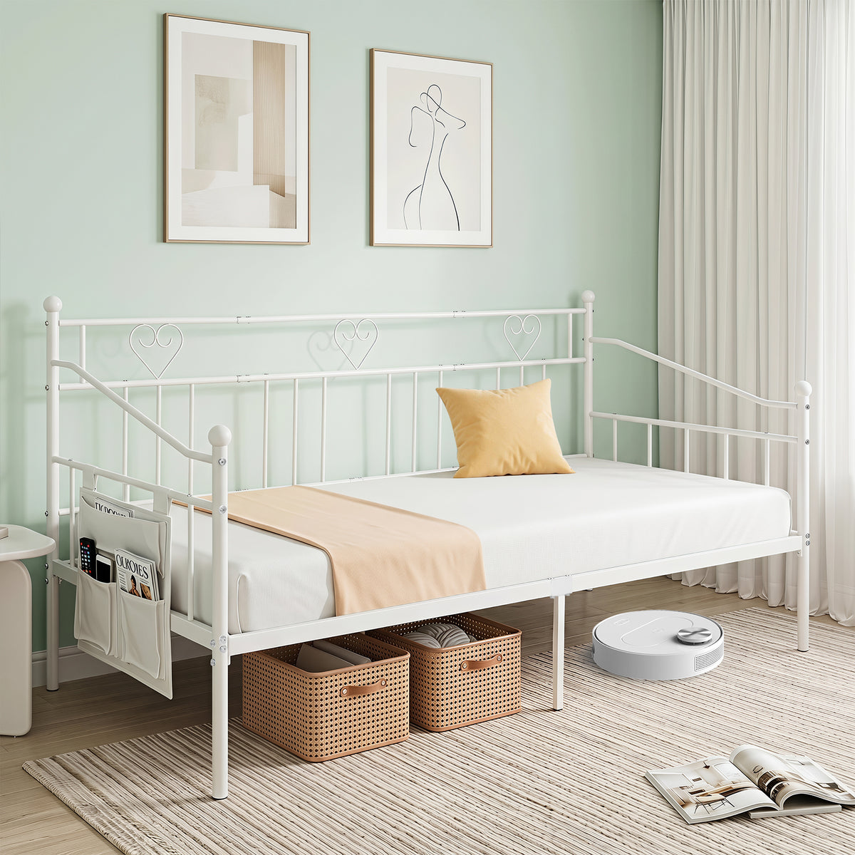 Single Daybed, Metal Sofa Day Bed w/ Storage Pocket, Black/White