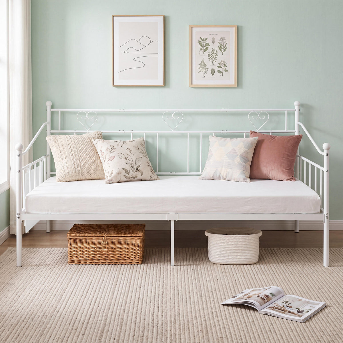 Single Daybed, Metal Sofa Day Bed w/ Storage Pocket, Black/White