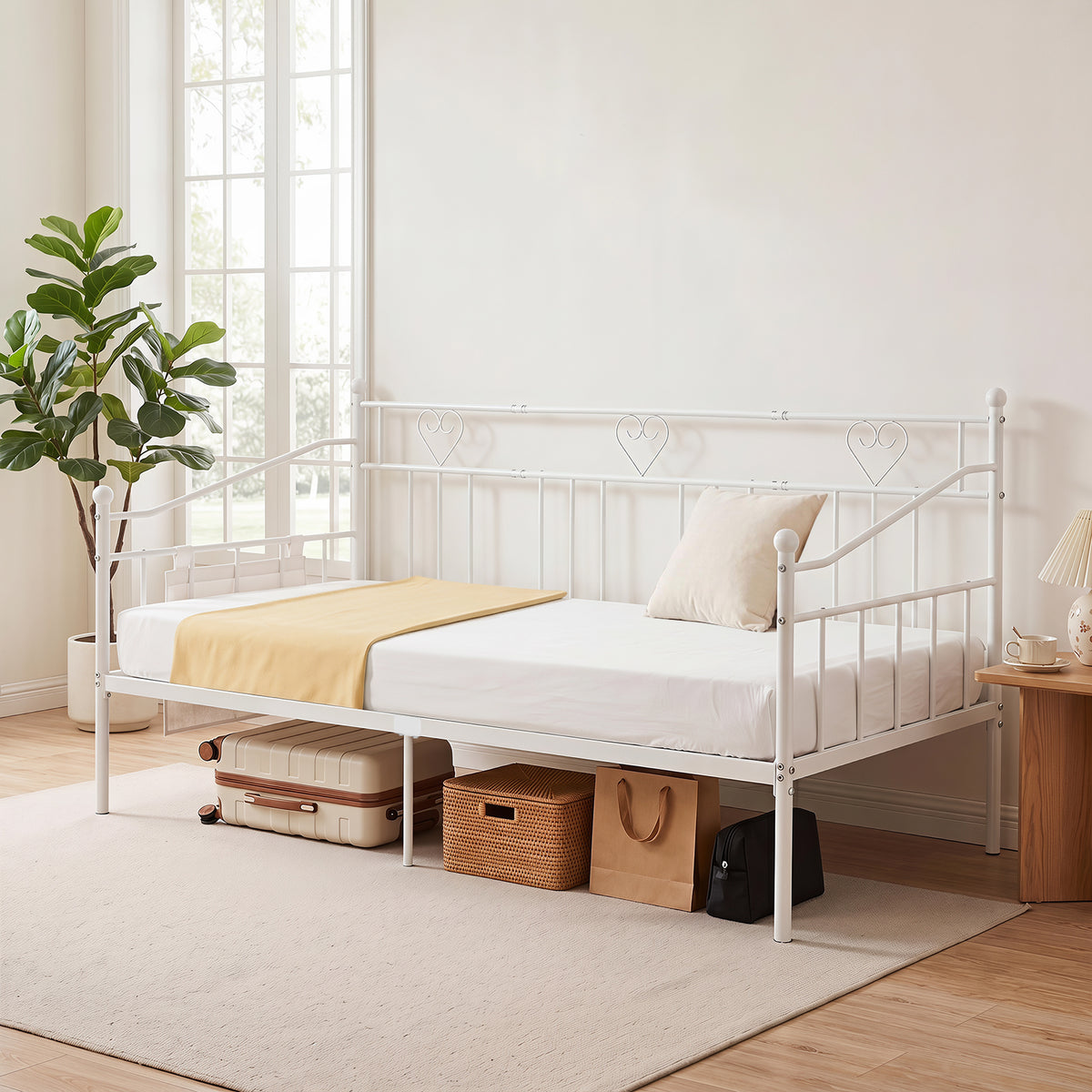 Single Daybed, Metal Sofa Day Bed w/ Storage Pocket, Black/White
