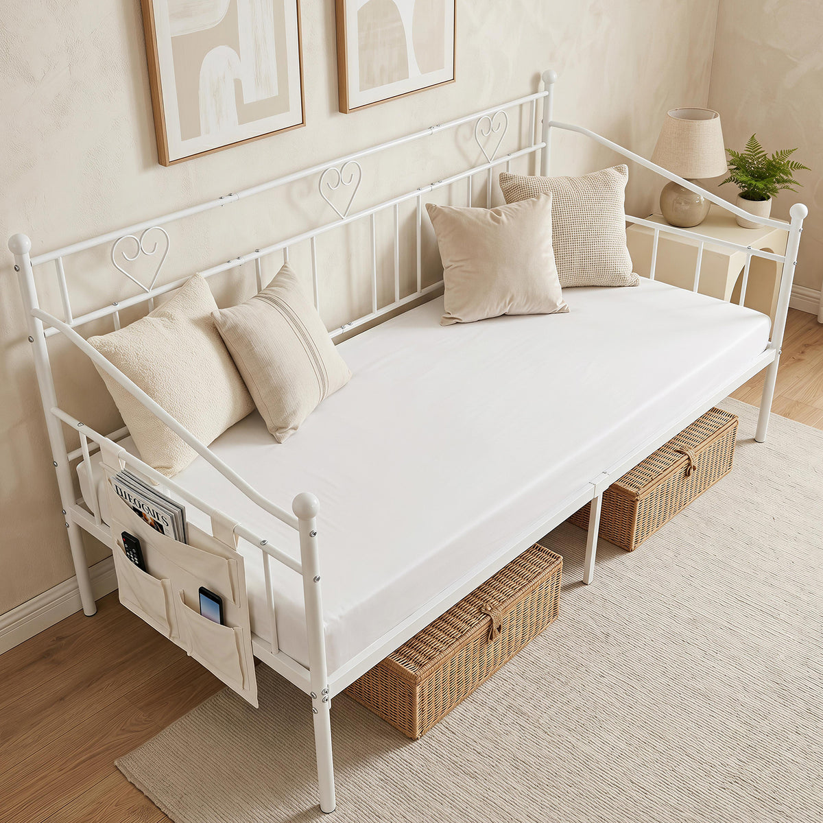 Single Daybed, Metal Sofa Day Bed w/ Storage Pocket, Black/White