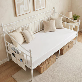 Single Daybed, Metal Sofa Day Bed w/ Storage Pocket, Black/White