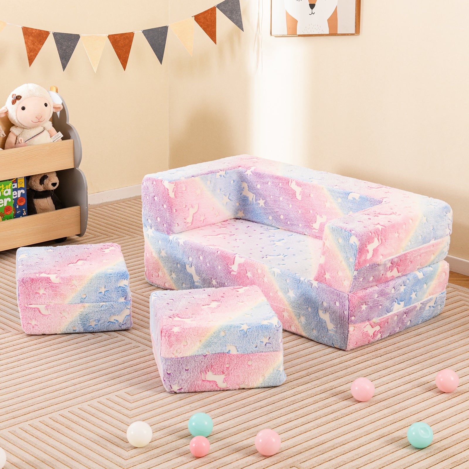 2 Seater Kids Play Couch, Glow in the Dark Modular Sofa Play Set for Toddlers, 3-in-1 Baby Fold out Sofa