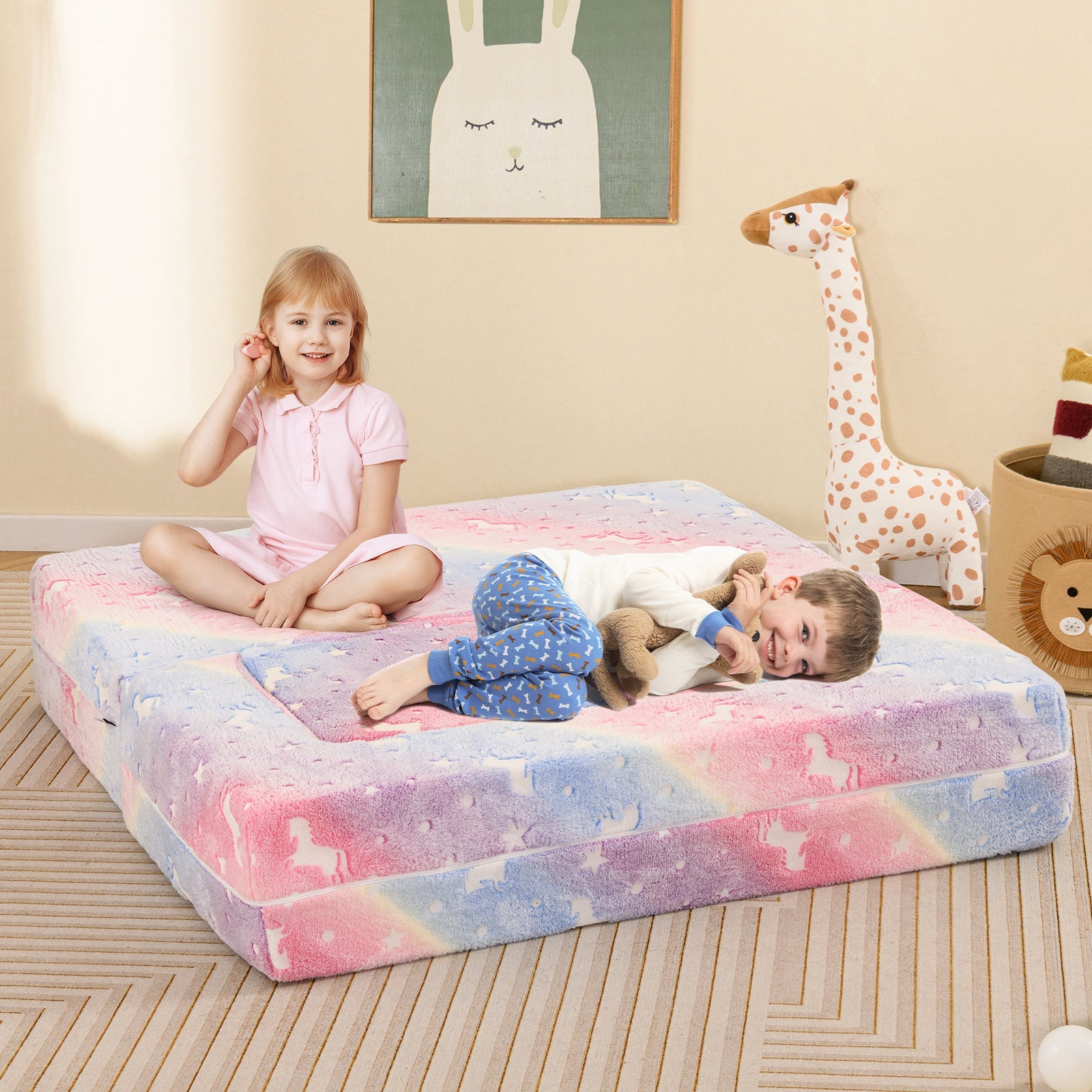 2 Seater Kids Play Couch, Glow in the Dark Modular Sofa Play Set for Toddlers, 3-in-1 Baby Fold out Sofa