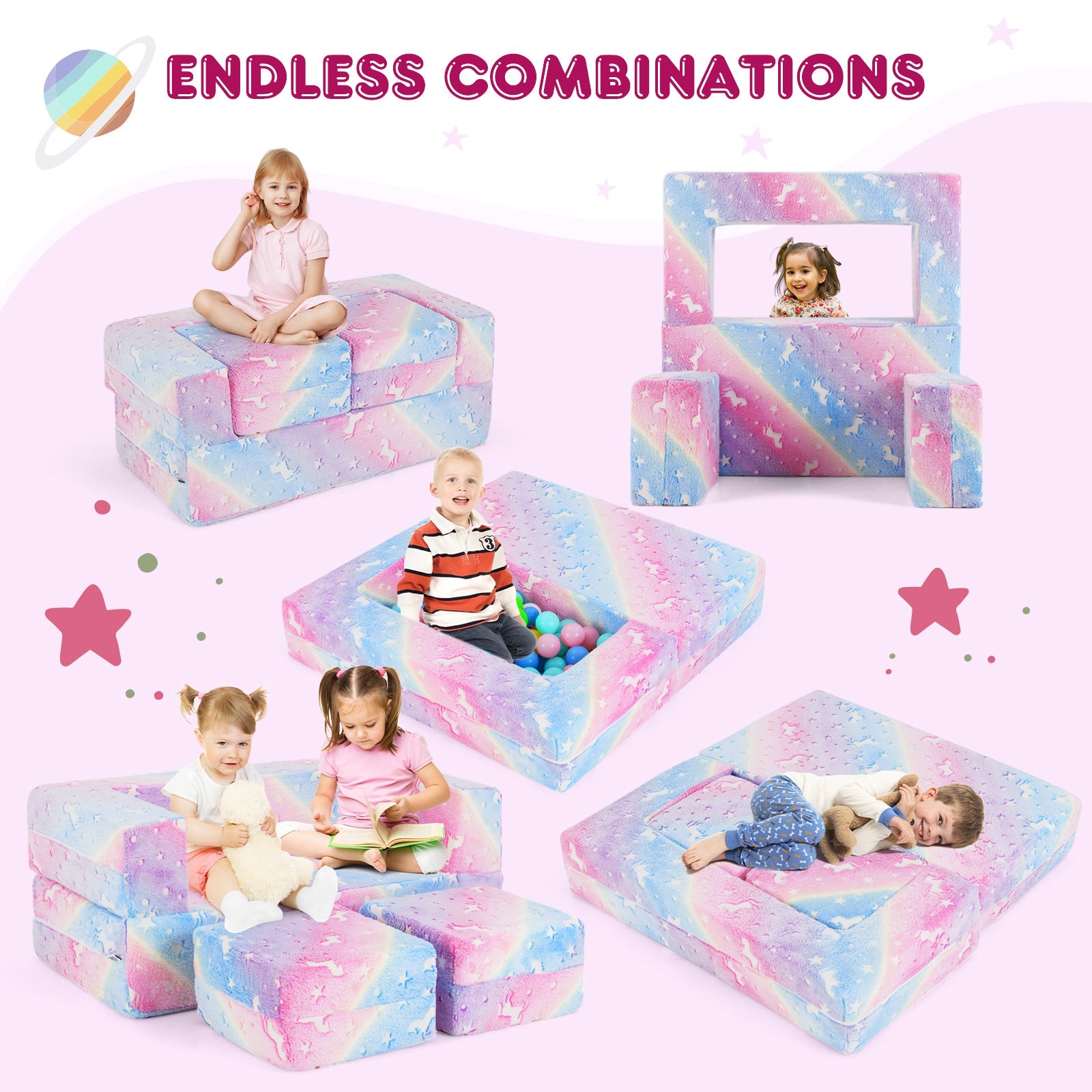 2 Seater Kids Play Couch, Glow in the Dark Modular Sofa Play Set for Toddlers, 3-in-1 Baby Fold out Sofa