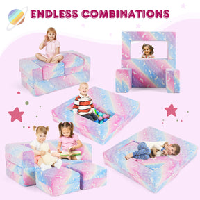 2 Seater Kids Play Couch, Glow in the Dark Modular Sofa Play Set for Toddlers, 3-in-1 Baby Fold out Sofa