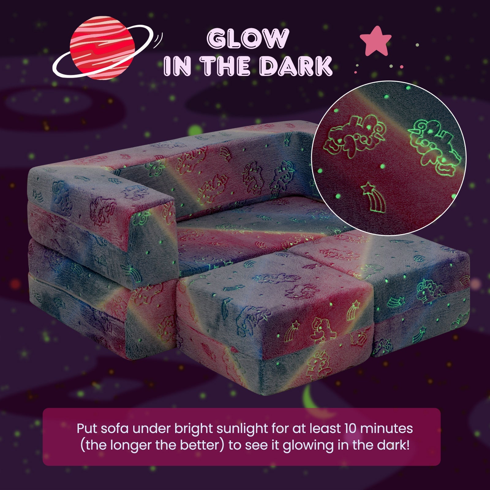 2 Seater Kids Play Couch, Glow in the Dark Modular Sofa Play Set for Toddlers, 3-in-1 Baby Fold out Sofa