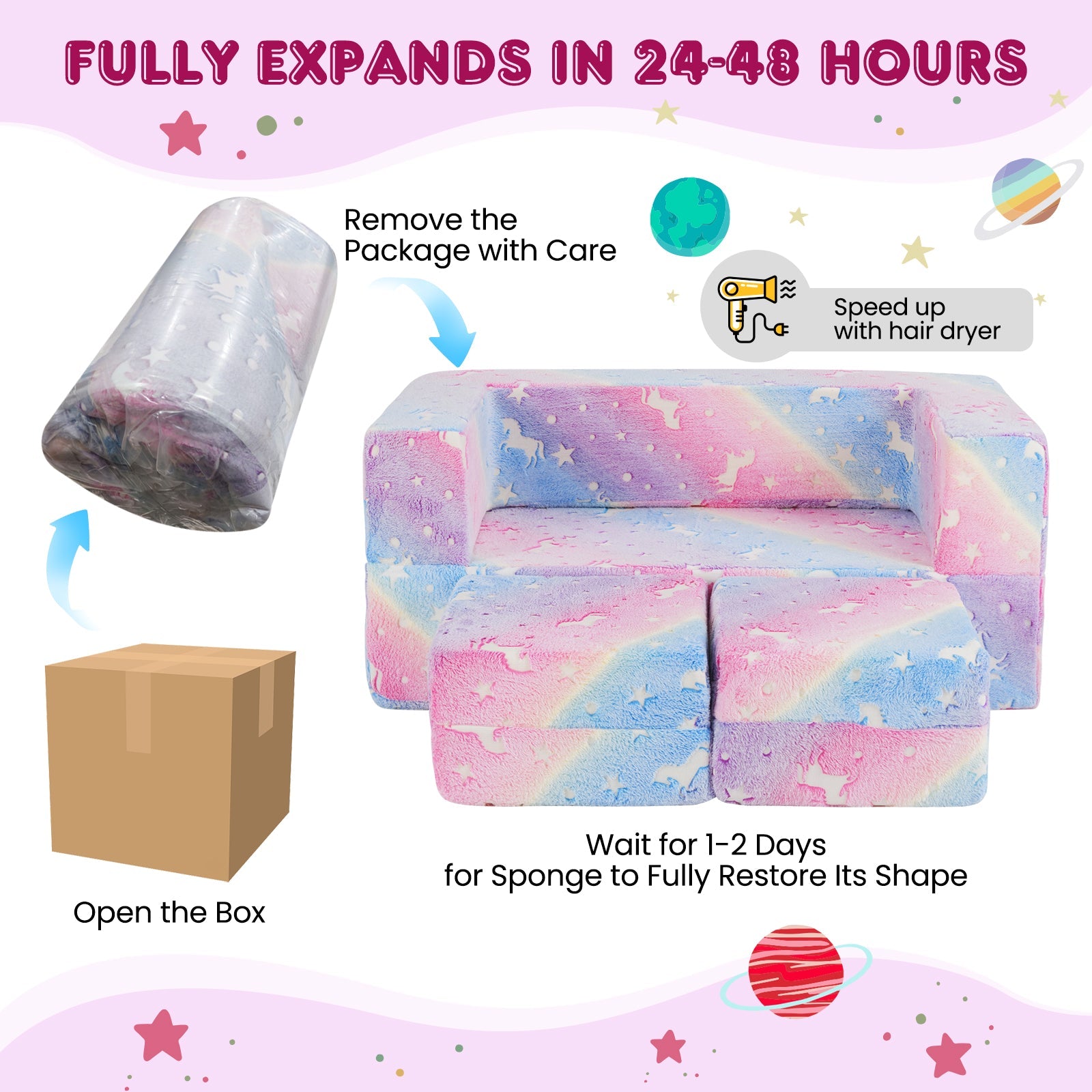 2 Seater Kids Play Couch, Glow in the Dark Modular Sofa Play Set for Toddlers, 3-in-1 Baby Fold out Sofa