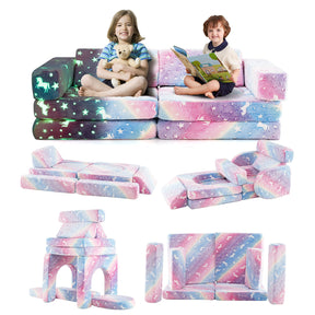 10 Pcs Modular Kids Play Couch, Toddler Sectional Sofa Glow in the Dark, Convertible Baby Sofa & Floor Cushion