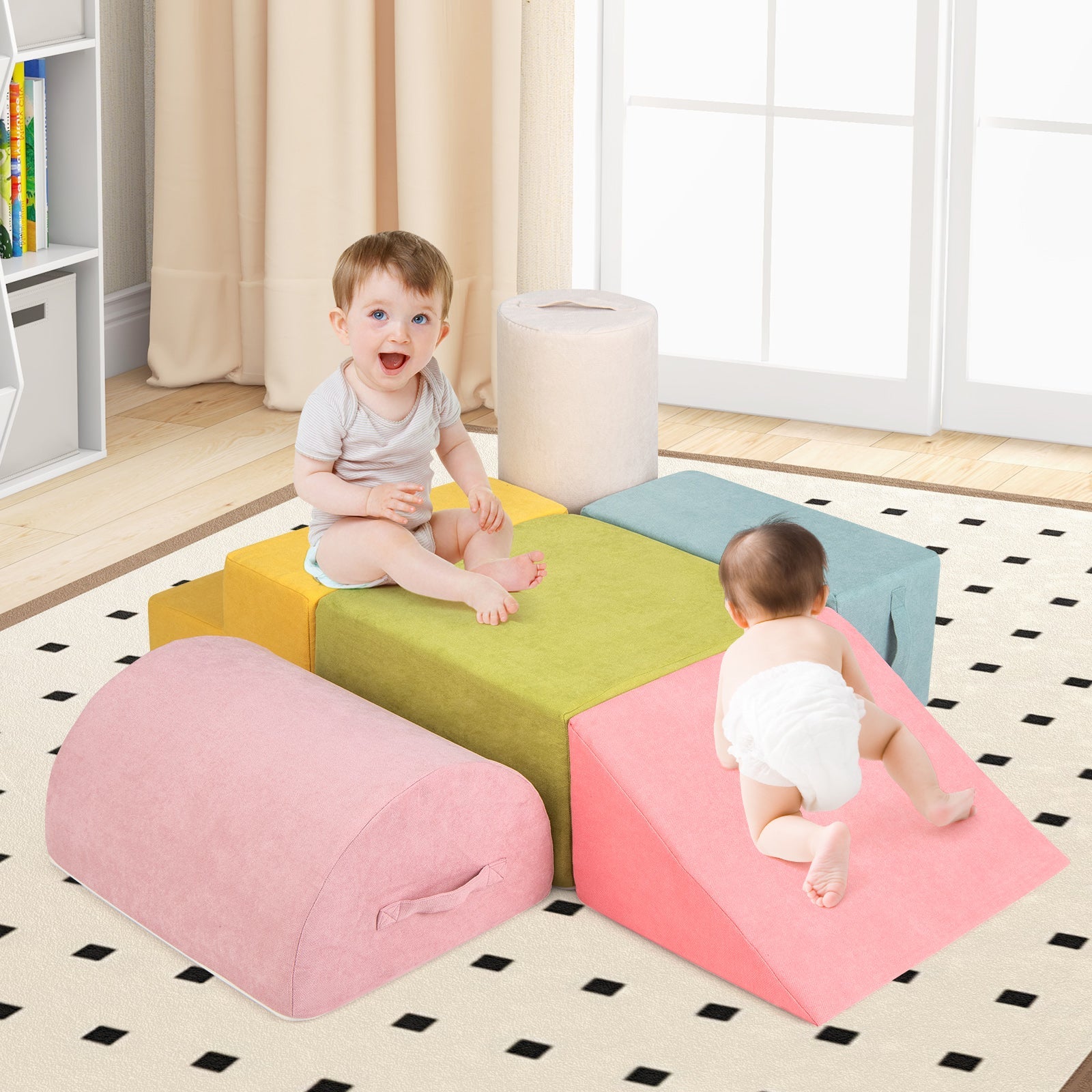 BABY JOY 6-Piece Baby Climb and Crawl Play Set, Kids Indoor Soft Play Foam w/Skin-Friendly Chenille Fabric