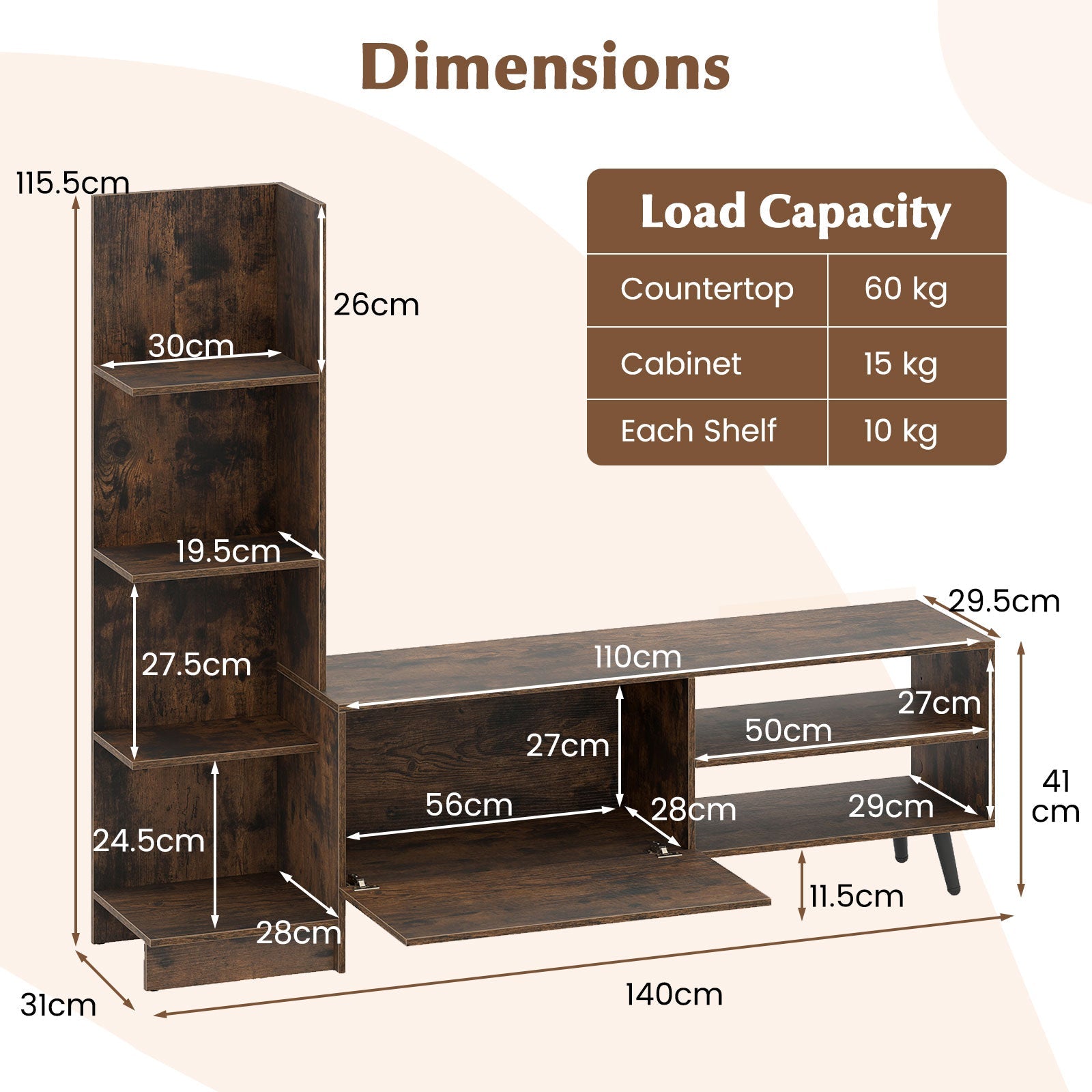 TV Stand for TVs up to 50 Inches, Entertainment Center with Bookshelf & Adjustable Shelf