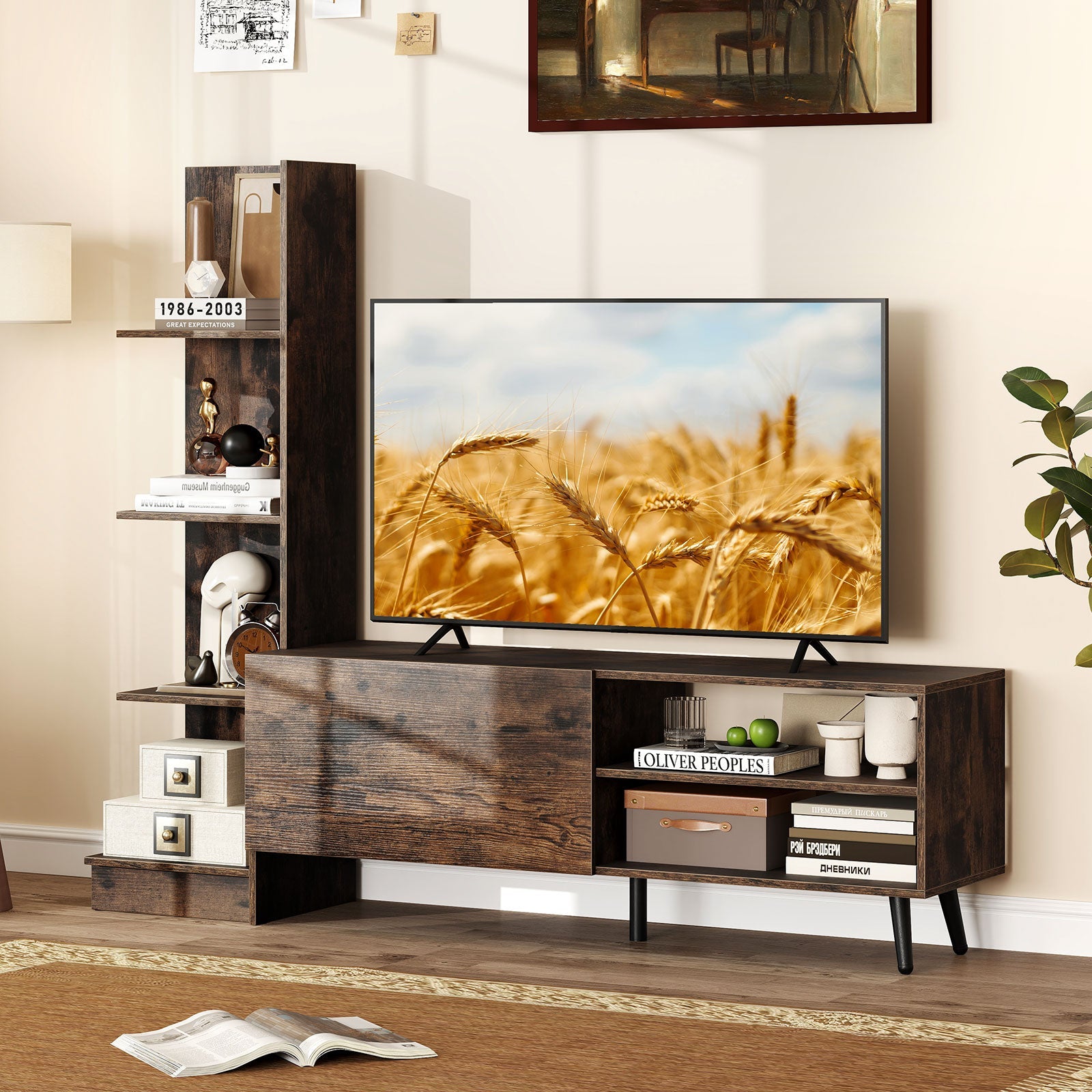 TV Stand for TVs up to 50 Inches, Entertainment Center with Bookshelf & Adjustable Shelf