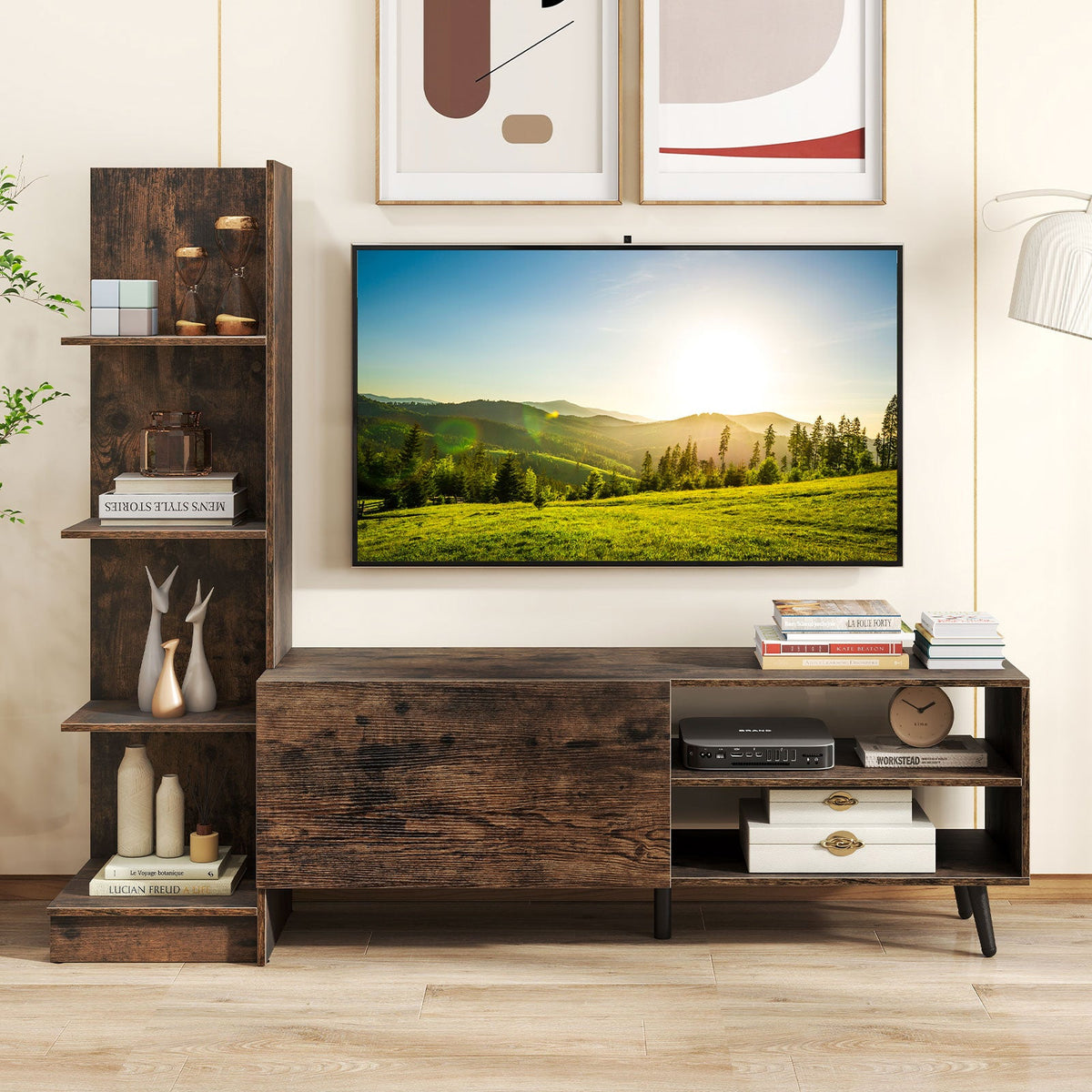 TV Stand for TVs up to 50 Inches, Entertainment Center with Bookshelf & Adjustable Shelf