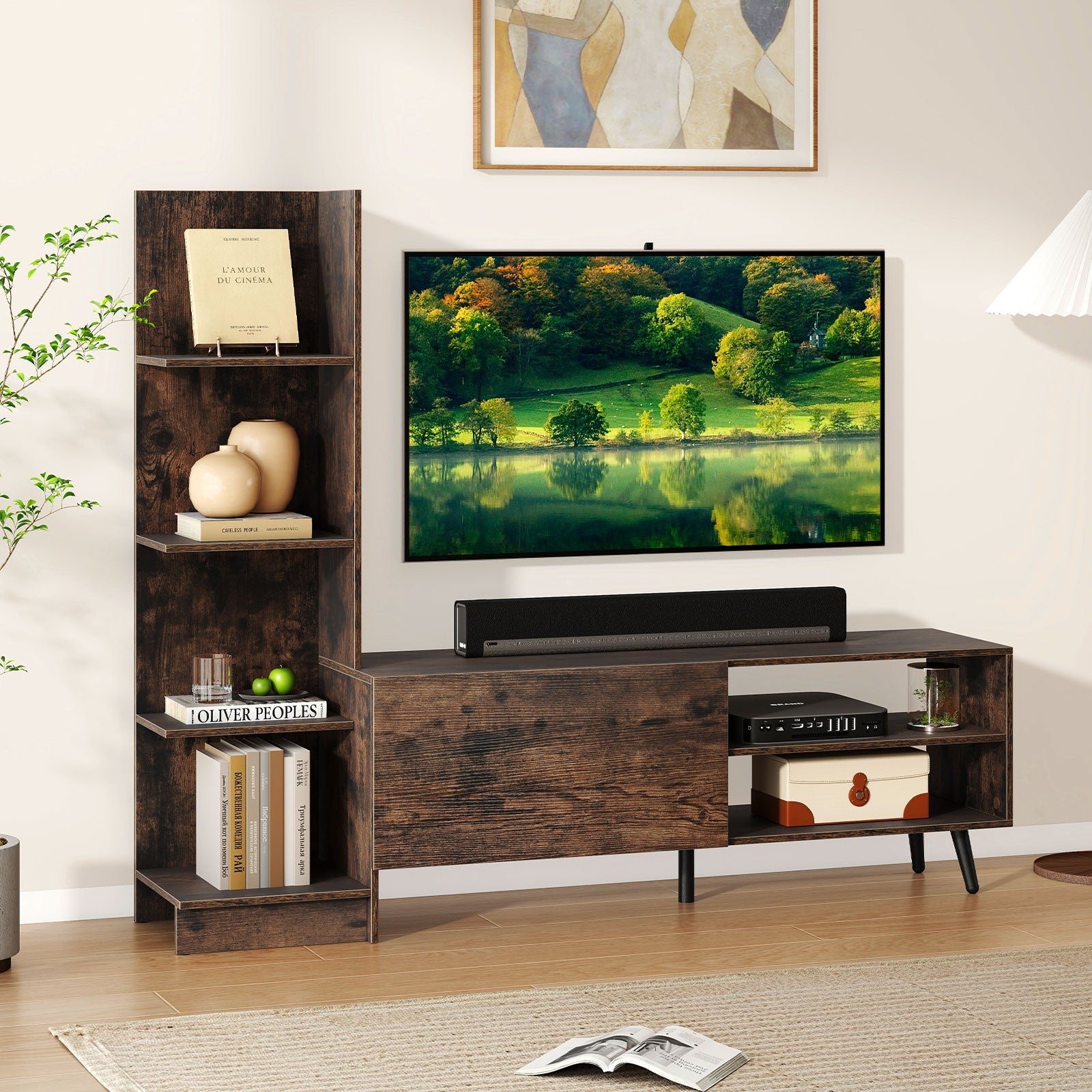 TV Stand for TVs up to 50 Inches, Entertainment Center with Bookshelf & Adjustable Shelf