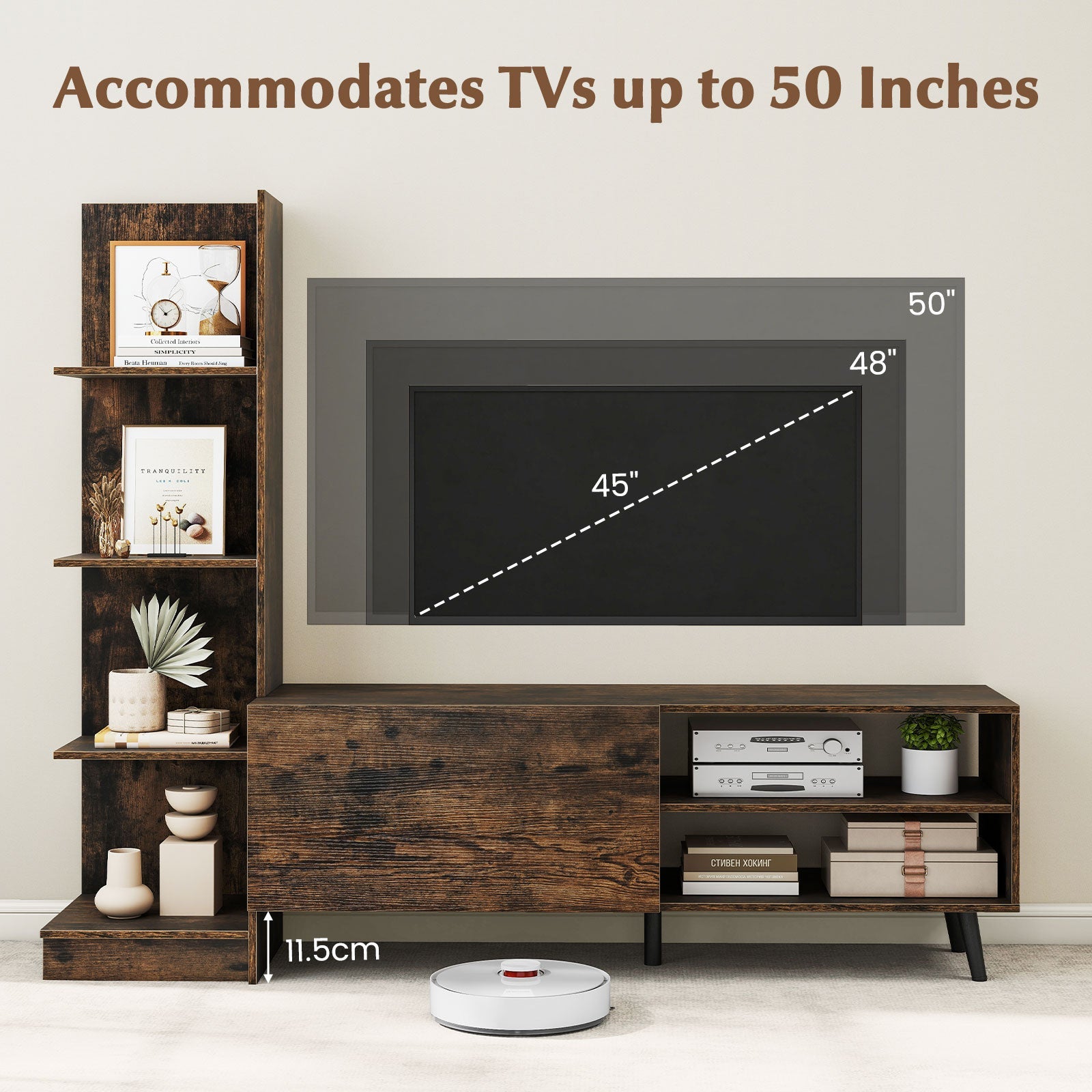 TV Stand for TVs up to 50 Inches, Entertainment Center with Bookshelf & Adjustable Shelf