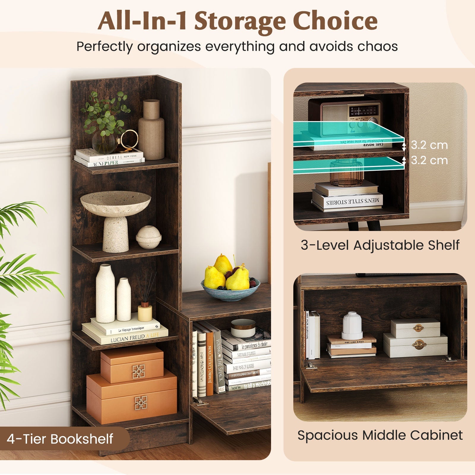 TV Stand for TVs up to 50 Inches, Entertainment Center with Bookshelf & Adjustable Shelf